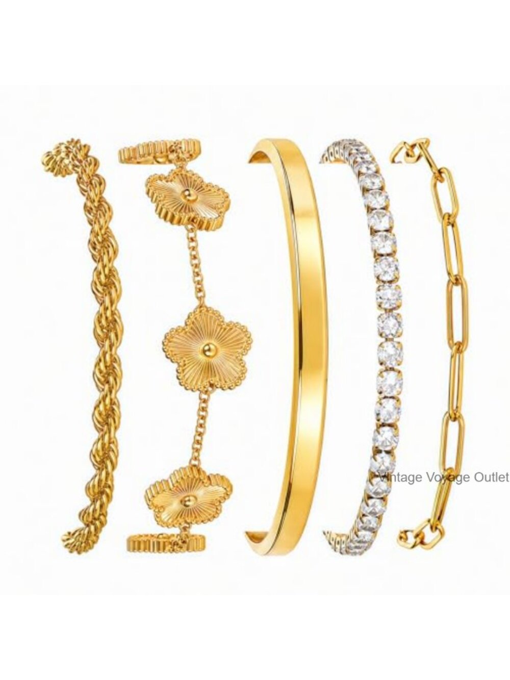 18K Gold Plated Stainless Steel Bracelet Set 5 Pc Stackable